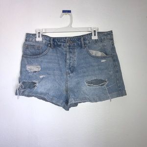 light wash high-waisted ripped jean shorts